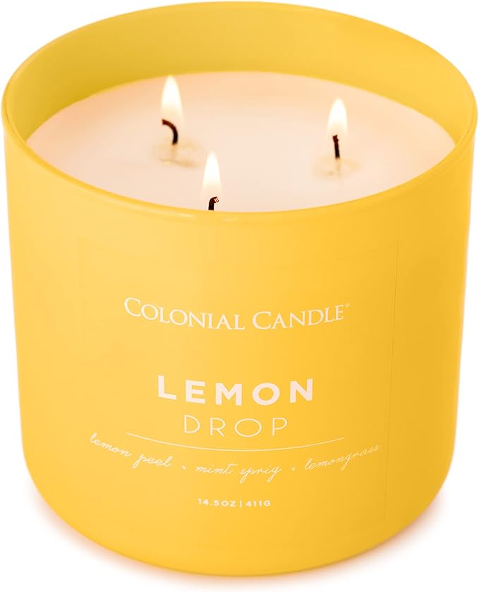Colonial Candle Lemon Drop Scented Jar Candle, Pop of Color Collection, 3 Wick, 14.5 oz - Up to 60 Hours Burn
