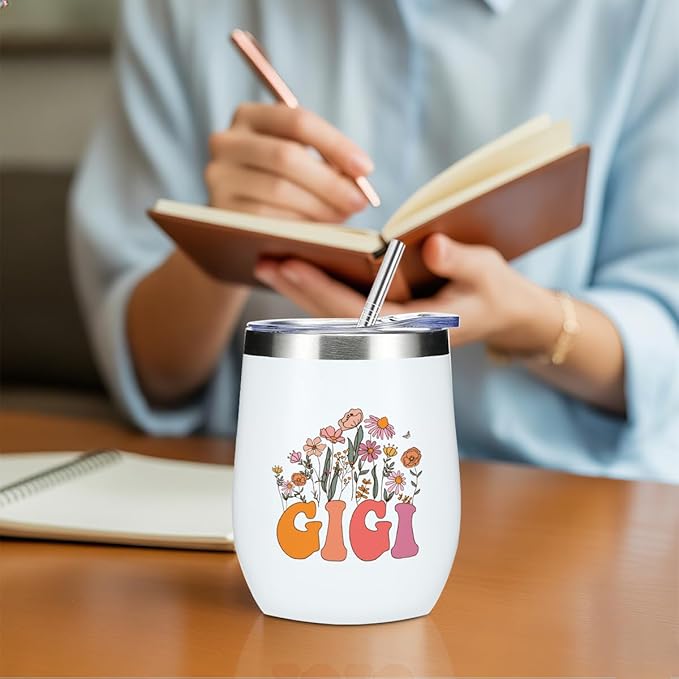 Gigi Grandma Birthday Gifts Wine Tumbler 12 oz Insulated Wine Glass Cup with Lid Straw Vacuum Insulated Travel Cup,Grandma Gifts from Granddaughter for Women Grandmother Christmas Mothers Day