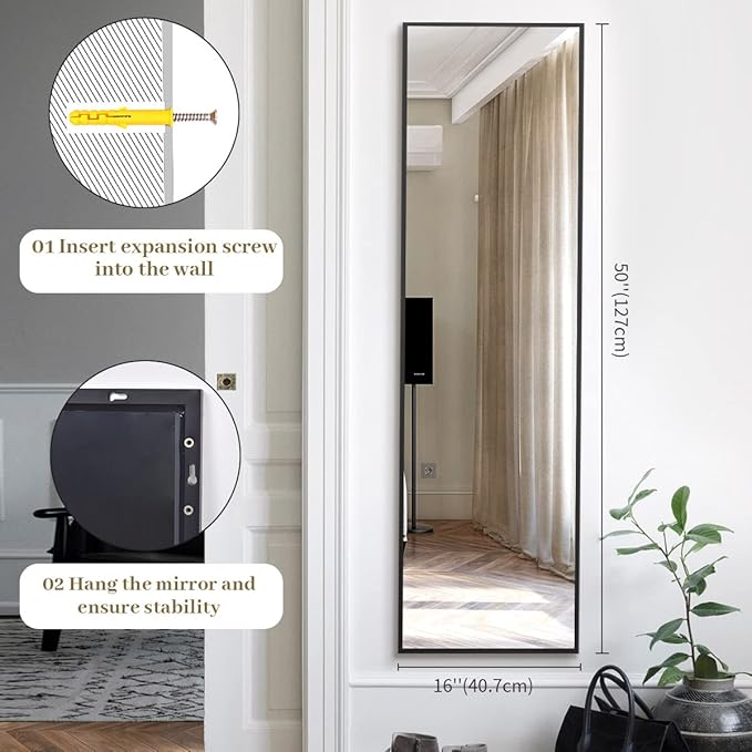 BEAUTYPEAK 16" x 50" Adjustable Height Over The Door Mirror, Full Length Hanging Door Mirror with Shatterproof Tempered Glass Aluminum Alloy Frame for Bedroom, Living Room, Bathroom, Dorm, Black