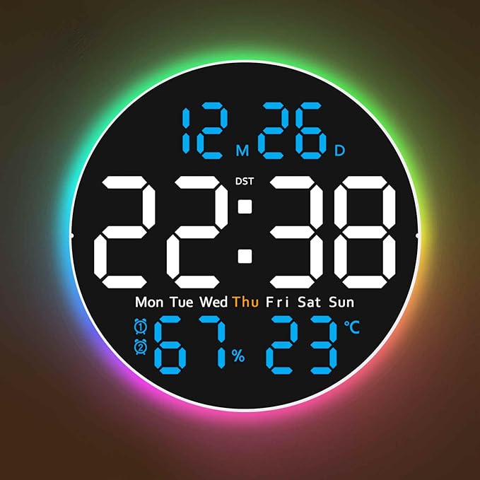10 Inch Large Digital Wall Clock with 9 Color Changing Remote Control, Date Week Temperature, Auto Brightness Dimmer Big Clock with Night Lights,Blue