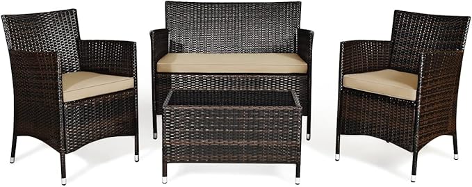 Goplus 4-Piece Rattan Patio Set, Outdoor/Indoor Wicker Conversation Set for Pool, Backyard, Lawn, Wicker Chairs and Sofa with Soft Cushion, Rattan Furniture with Tempered Glass Coffee Table