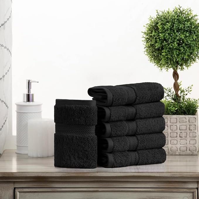 Superior Egyptian Cotton Pile Face Towel/Washcloth Set of 6, Ultra Soft Luxury Towels, Thick Plush Essentials, Absorbent Heavyweight, Guest Bath, Hotel, Spa, Home Bathroom, Shower Basics, Black