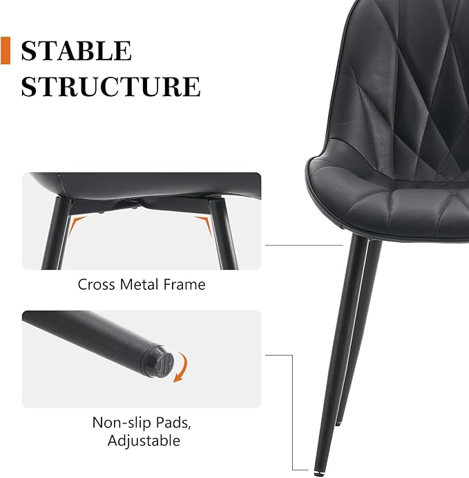 Rowill Black Dining Chairs Set of 2 - Upholstered Faux Leather Kitchen Chairs with Soft Cushion Backrest, Sturdy Metal Legs & Non-Slip Pads, Perfect Modern Design for Home Dining Room, Kitchen