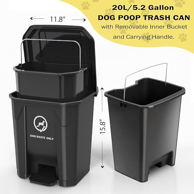 Dog Poop Trash Can for Outdoors with Pooper Scooper, 20L/5.2 Gal Large Capacity Dog Waste Trash Can with Lid, Pedal and Removable Inner, Pet Waste Disposal Station Odor Control Outside