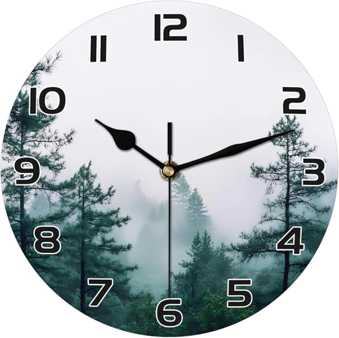 Foggy Pine Tree Forest Wall Clock Battery Operated 10 in Round Wall Clocks Slilent Non Ticking Quartz Analog Clock for Bedroom Kids Living Room Classroom Decor