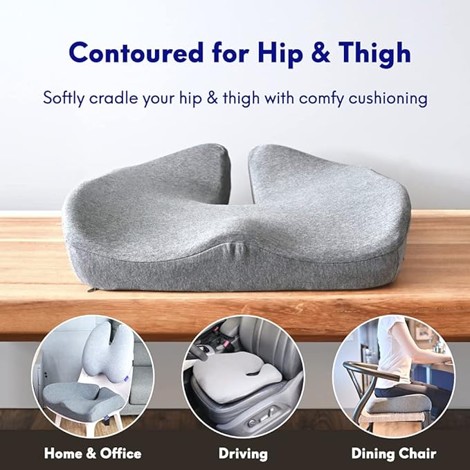 C CUSHION LAB Patented Pressure Relief Seat Cushion for Long Sitting Hours on Office/Home Chair, Car, Wheelchair - Extra-Dense Memory Foam for Hip, Tailbone, Coccyx, Sciatica - Light Grey