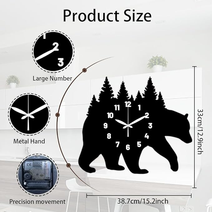 CHGCRAFT Bear Carrying Forest Pattern Wall Clock 15.2 Inch Wood Grain Non-Ticking Irregular Shape Clocks Wall Hanging Clock Battery Operated for Bedroom Living Room Kitchen Office