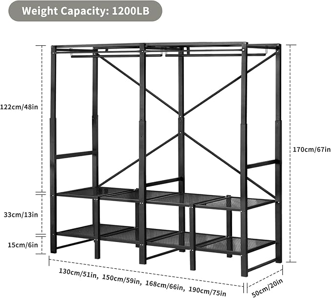 Portable Closet Rack Heavy-Duty Foldable Garment Racks with Cover 1200lbs Enclosed Wardrobe Closet with Independent Area for Hanging Clothes Storaging of Bedding (59in*20in*67in)