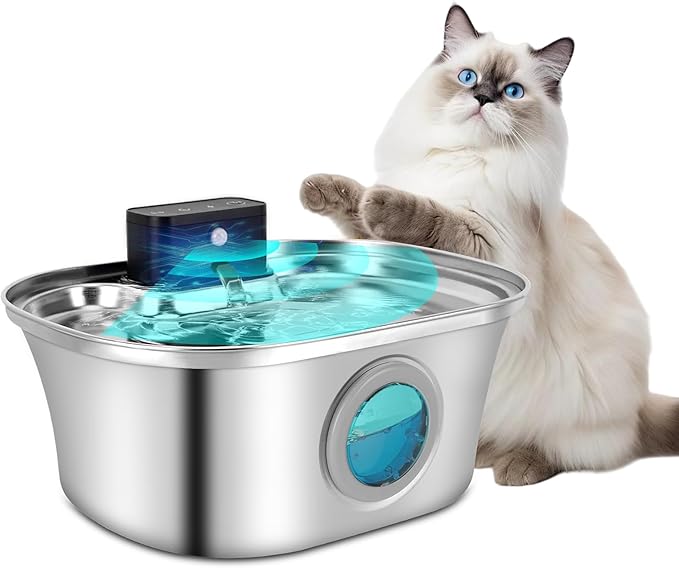 Wireless Cat Water Fountain Stainless Steel, 3.2L Large Dogs Drinking Dispenser Fountain with Spout, Automatic Feeder Indoor, Cordless Water Bowl for Cats Dogs Pets Auto Animals Waterfountain - 108oz
