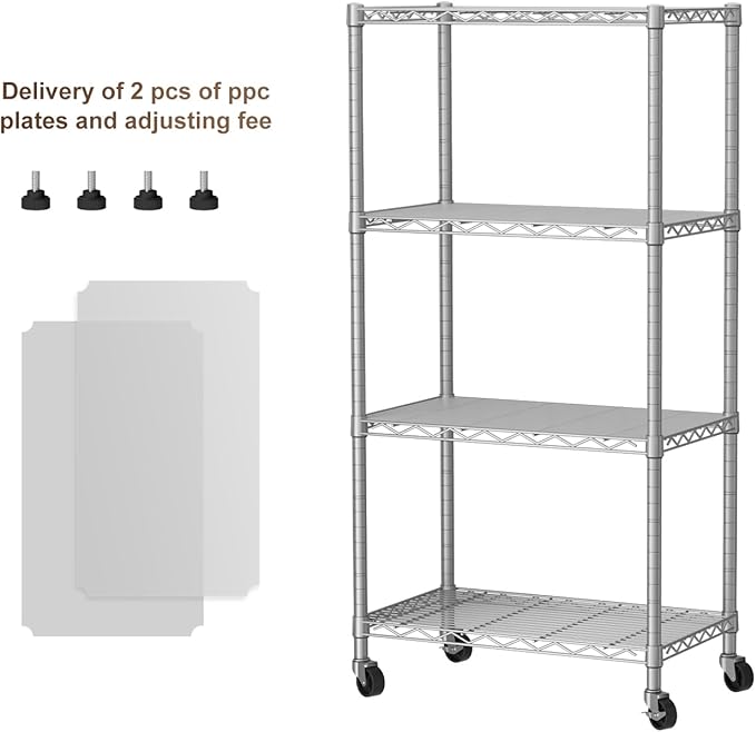 4 Tier Shelves Storage Shelf Wire Closet Bathroom Organizers Metal Pantry Kitchen Garage Shelving Unit Laundry Room Organization Home Rack Net Basket White with Wheels 14”D X 24”W X 48.9”H
