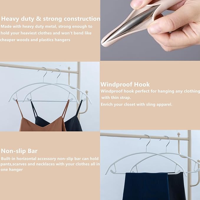 16.5 Inch Pack of 20 White No Shoulder Bumps Non-Slip Rubber Coating Contour Metal Hangers, Sweater Hanger, Suit Hanger with Pants Bar