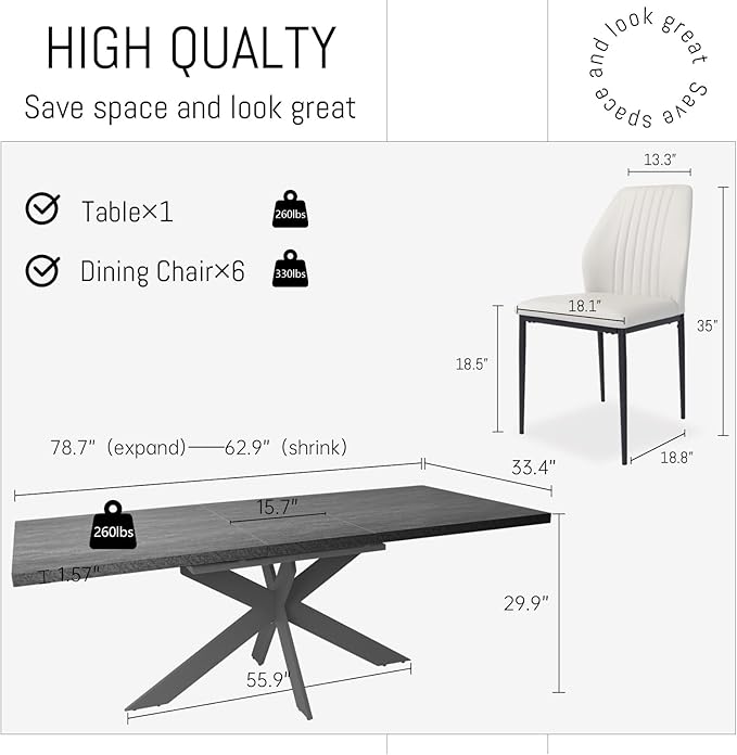 ZckyCine 6-8 People Modern Rectangular Kitchen Dining Table Extendable Dining Table Set for 6, 63–79 inch, Space-Saving Gray Table with 6 White PU Leather Cushioned Chairs, Metal Frame, Easy Assembly