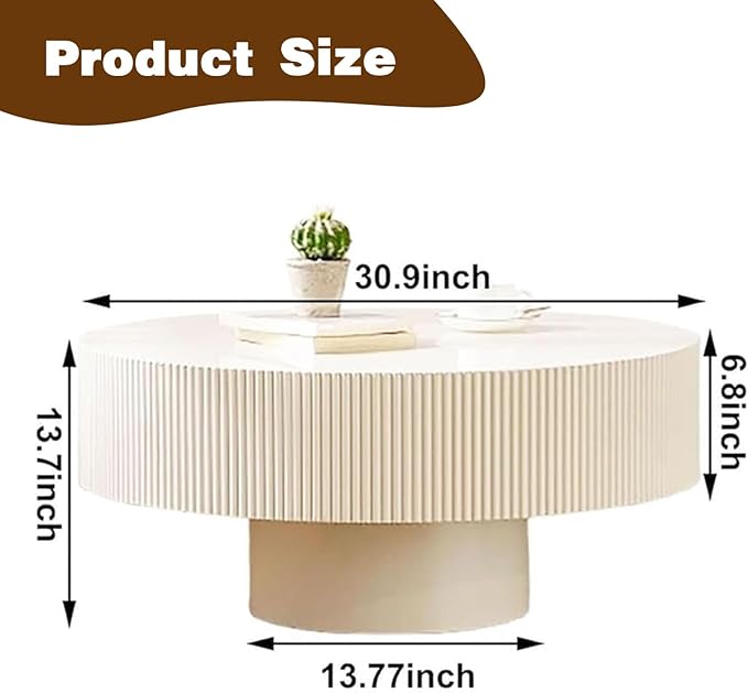 Round Drum Coffee Table Modern Coffee Table with Solid Wood Veneered Circle Center Table Accent Tea Table for Living Room Apartment Small Space (A)