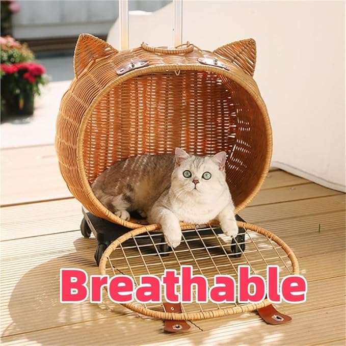 Rattan Cat Stroller with Wheels, Pet Portable Trolley Case, Breathable Cat Cage Trolley for Dog and Rabbit