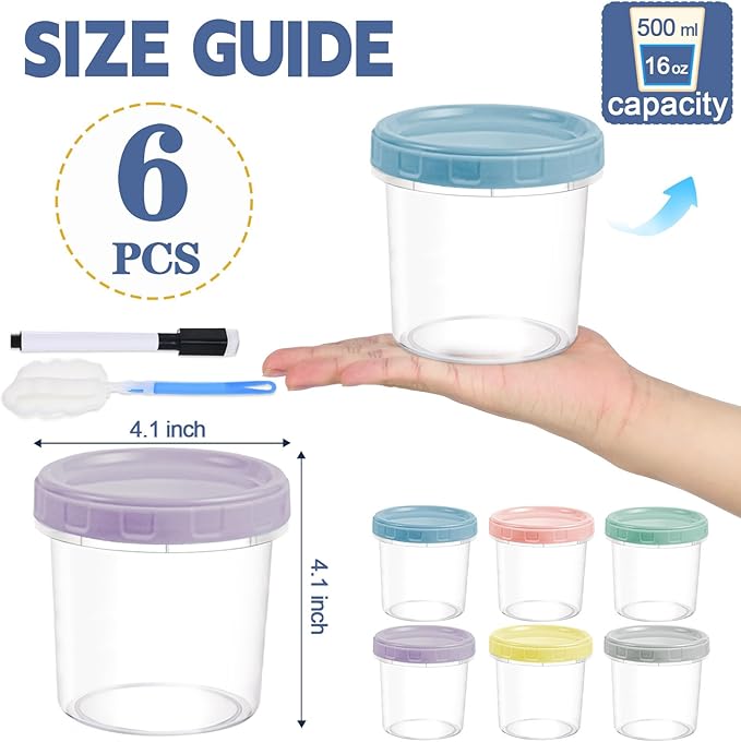 6pcs 16 oz Plastic Deli Containers with Screw Lids, Small Freezer Containers Reusable 2 Cup Food Storage Container with Pen & Brush for Snack Salad Fruit, Microwave & Dishwasher Safe BPA Free