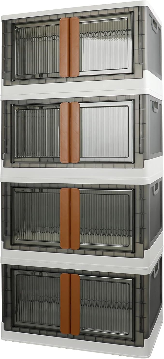 Storage Bins, Extra Large Cabinet with Lids, 19 Gallon(72L) Capacity (Per One), 4 Packs, Useful Box with Door and Buckles, Foldable, Transparent, Excellent Home Organizers