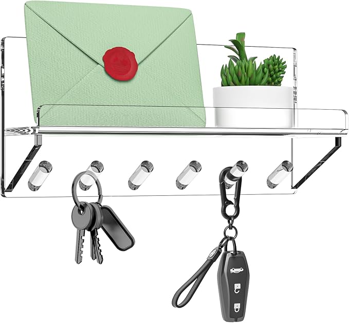 Decorative Wall Key Holder - Acrylic Mounted Key Hooks with Shelf, Entryway Rack, Mail Organizer, Living Room Decor (Clear)