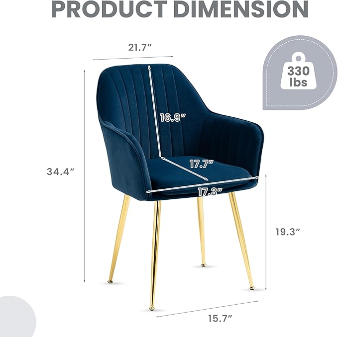 ECOTOUGE Matte Velvet Dining Chairs Set of 4, Modern Arm Chair with Golden Metal Legs, Living Room Accent Chairs for Kitchen, Blue