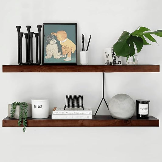 Homeforia Walnut 36 inch Floating Shelf, High End Solid Real Wood 36inch Large Shelves for Bathroom Wall, Dark Brown 36 inches Long Floating Shelves, Heavy Duty Bracket, 36 X 6.5 X 1.75 inch, Set of 4