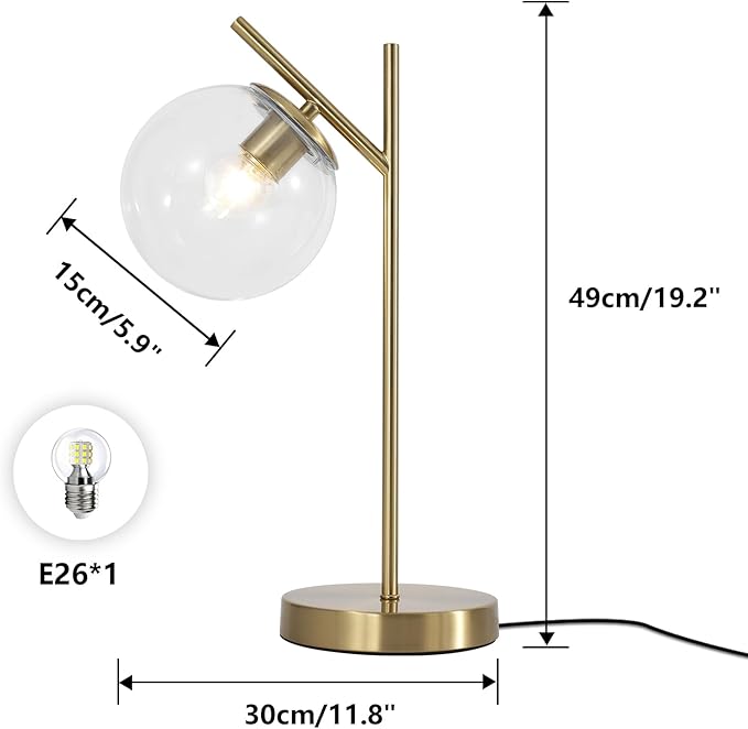 Mid Century Modern Table Lamp, Contemporary Metal Brass Bedside Lamps with Clear Glass lampshade, Gold Globe Nightstand Lamp for Bedroom Living Room Study Room
