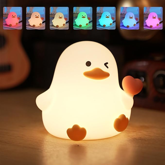 Duck Night Light for Adults Kids,Cute Silicone Animal Dimmable Nursery Nightlight with 7 Colors 30min Timer,Rechargeable Table Lamp Bedside Lamp for Christmas Gifts Room Decor