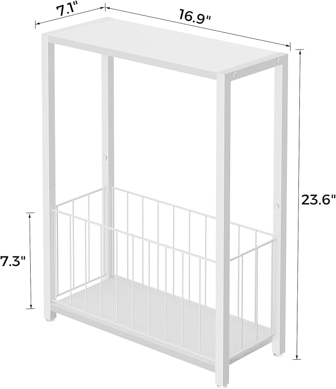 Narrow Side Table with Magazine Holder, Skinny End Table Perfect for Small Spaces, Space-Saving Design for Living Room, Bedroom, or Office, 7.1" D x 16.9" W x 23.6" H, White