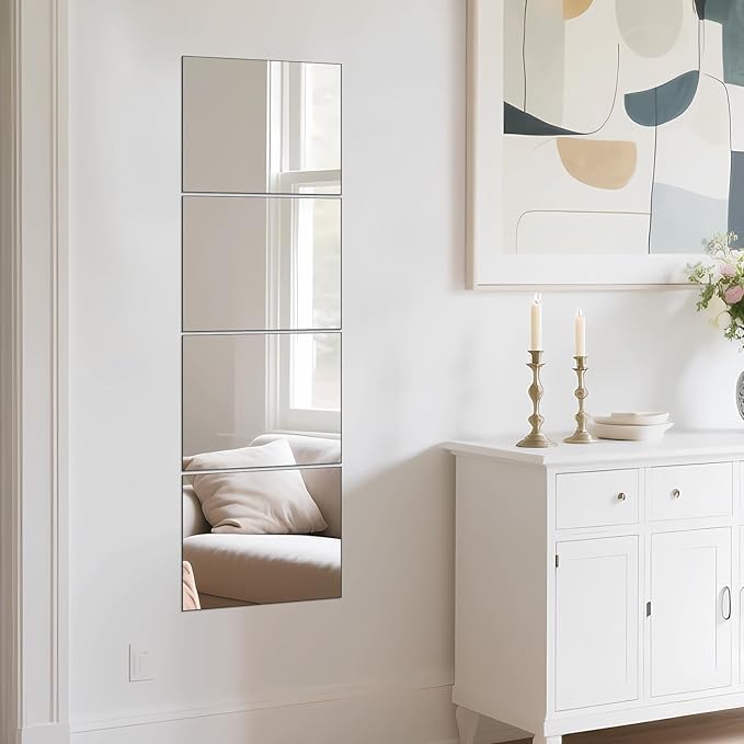 Ruomeng Full Length Mirror Tiles - 14" x 12" x 4Pcs Gym Mirror Frameless Wall Mirror for Home Gym, Door, Bedroom, Living Room