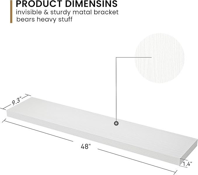 Fun Memories 48Inch Floating Shelves, 9.3Inch Deep Rustic Wall Shelves - Extra Deeper & Thicker Wall Mounted Storage Shelf for Kitchen, Farmhouse - Set of 2 - Rustic White