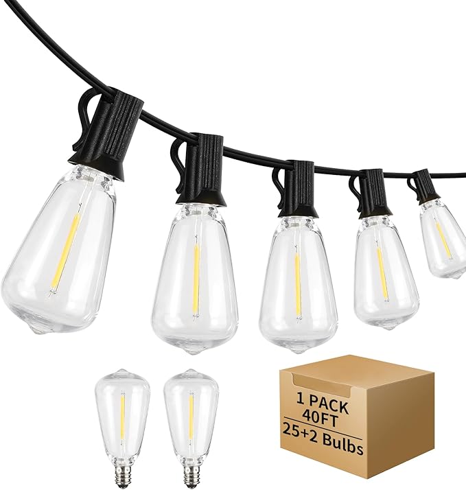 40FT LED Outdoor String Lights Waterproof, 2700K ST38 LED Globe Outdoor Lights for Patio with 27 Edison Vintage Shatterproof Bulbs, Connectable Backyard Lights for Garden, Bistro, Porch, Cafe