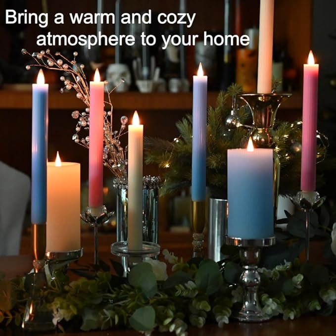 Flameless Taper Candles Flickering with Remote and Timer, 3D Moving Flame Taper Candle Battery Operated to 400 Hours, 9 Inch Window Candles, (Pink-Vertical Stripes)