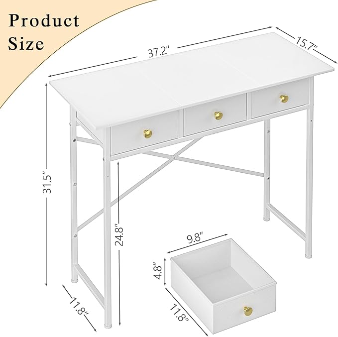 Small Makeup Vanity Desk No Mirror, 37.2 Inch Vanity Desk with 3 Drawers, Girls Vanity Dressing Table for Bedroom, Small Vanity for Small Spaces, White