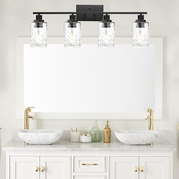 MELUCEE Wall Light Fixture, 4-Light Black Bathroom Vanity Light Over Mirror with Clear Hammered Glass, Modern Wall Sconces Lamp for Powder Room Bedroom Kitchen Porch (Patent No.: US D963914 S)