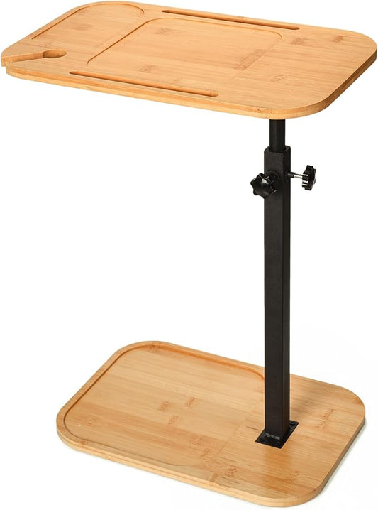 DAVIDOK C-Shaped Sofa End Table, Adjustable Height Couch Side Table with Device Slot, Wood Color with Black Metal Stand, Couch Table for Living Room, Bedroom