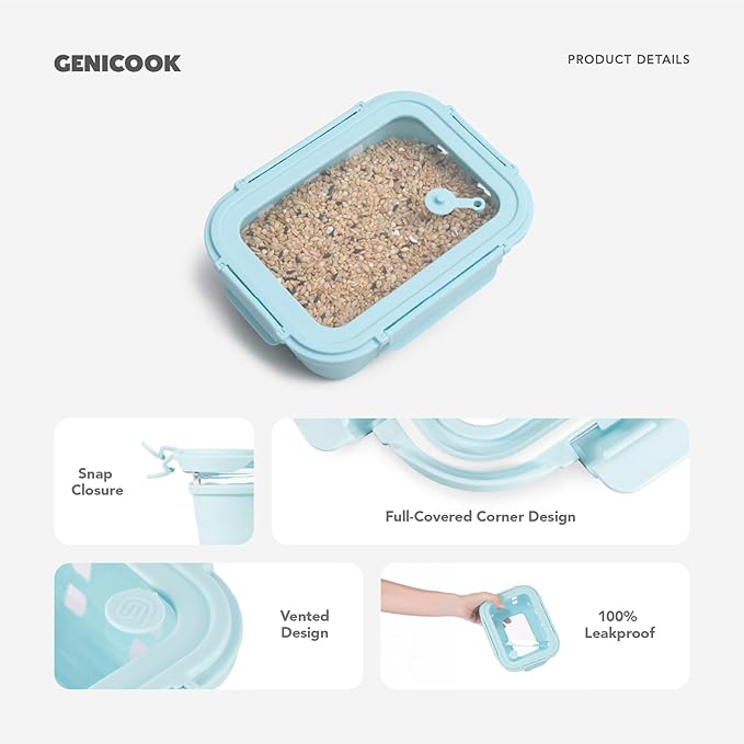 4.4 Cup Glass Food Storage Containers 5-Pack, Airtight Meal Prep Containers with Tempered Glass Lids & Non-Slip Sleeve, Leakproof, BPA-Free, Stackable, for Microwave, Dishwasher, Freezer