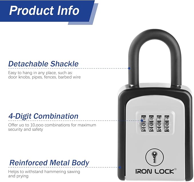 Iron Lock® Key Lock Box Portable with U-Shackle – Small Waterproof Heavy-Duty Metal Safe with 4-Digit Combination for Spare Keys Outside on Door Knob, Fence, or Gate (Grey, Small)