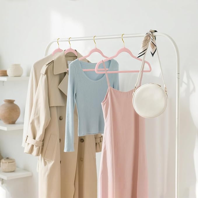 ManGotree Velvet Coat Hangers, Non-Slip Felt Suit Hangers, Ultra-Slim Space Saving Clothes Hanger with 360° Swivel Golden-Plated Hook, 36 Pack (Light Pink)