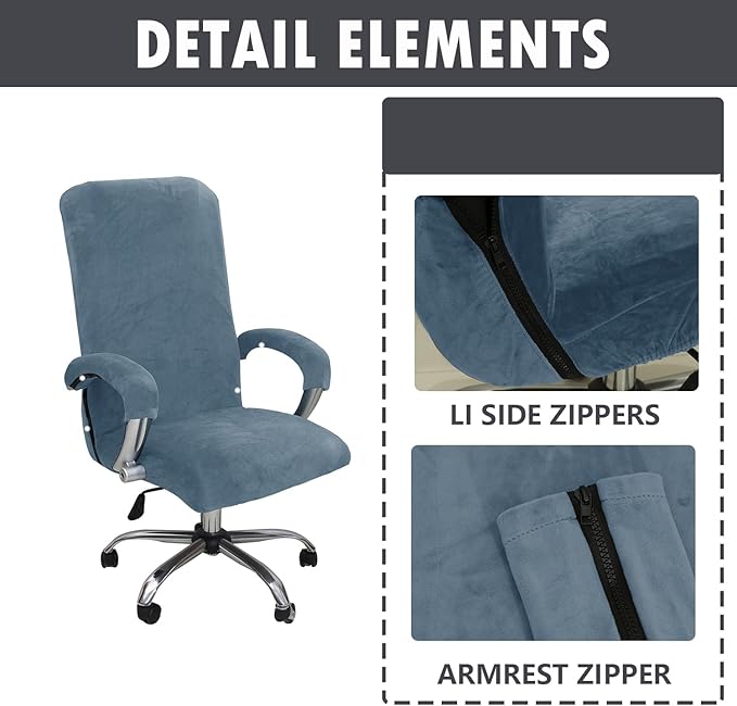 Velvet Plush Office Desk Chair Cover - Cat Proof Stretchable Elastic Comfy Protector for Ergonomic Office Chair with Wheels and Armrests, Fits Mesh and Executive Computer Chairs, Gray Blue, XL