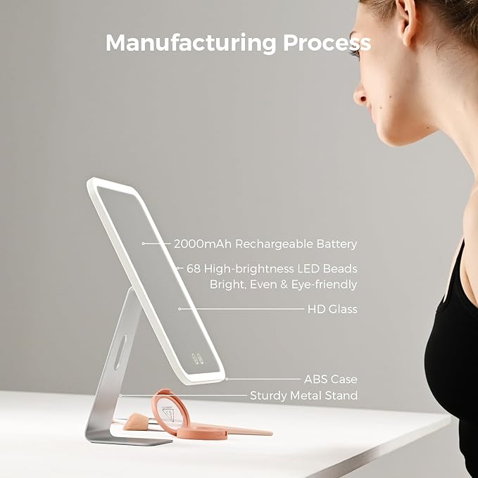 Lighted Makeup Mirror, Metal Table Mirror with Stand, 2000 mAh Rechargeable Vanity Mirror with 3 Colors and Brightness Adjustable, 12 Inch Light up Mirror