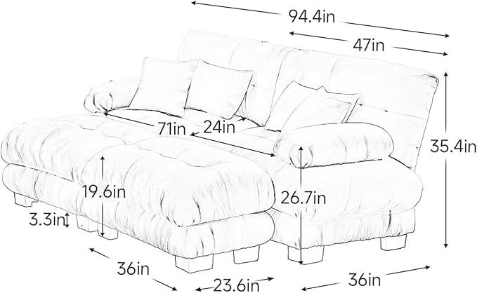 94.4" Loveseat Sofa, 2 Seater Modular Sectional Sofa, White Large Sectional Couches, Fluffy Chenille Cloud Couch with Ottoman, Deep Seat for Living Room, U Shaped