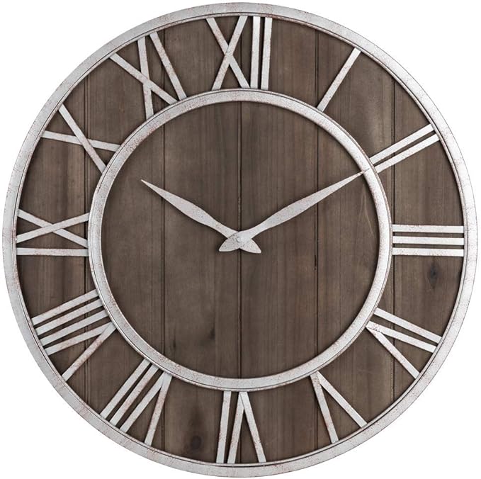 Oldtown Farmhouse Metal & Solid Wood Noiseless Wall Clock (Dark Brown, 24-inch)