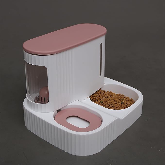 Automatic Cat Feeder,Gravity Auto Timed Pet Dry Food Self Feeding Container Dishes Bowl and Water Dispenser Fountain for Dog Puppy Kitten Kit Set Integrated 2 in 1 Continuous Tray(Pink)