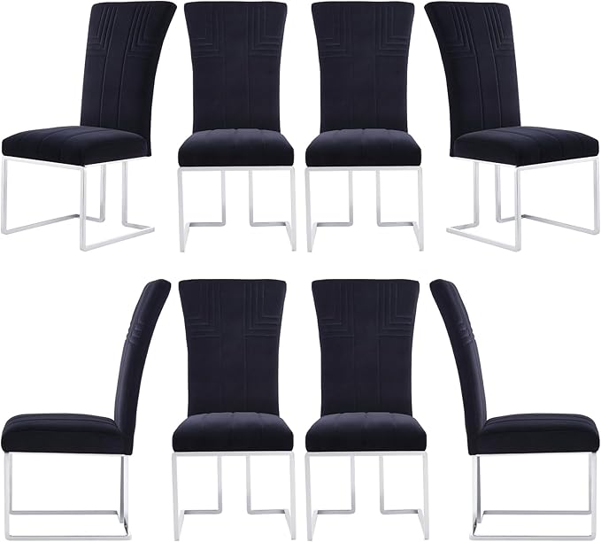 AUZ Dining Chairs Set of 8, Black and Silver Dining Chairs with Velvet Upholstery and Mirrored Silver Sled Legs
