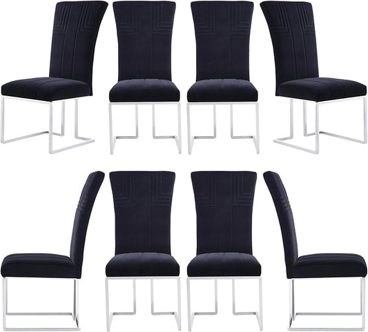 AUZ Dining Chairs Set of 8, Black and Silver Dining Chairs with Velvet Upholstery and Mirrored Silver Sled Legs