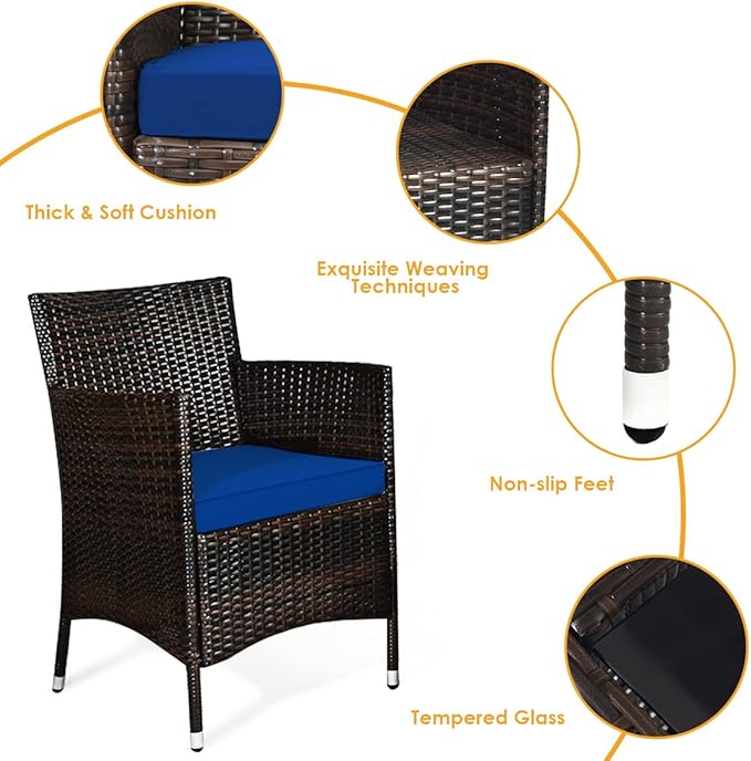Goplus 4-Piece Rattan Patio Set, Outdoor/Indoor Wicker Conversation Set for Pool, Backyard, Lawn, Wicker Chairs and Sofa with Soft Cushion, Rattan Furniture with Tempered Glass Coffee Table