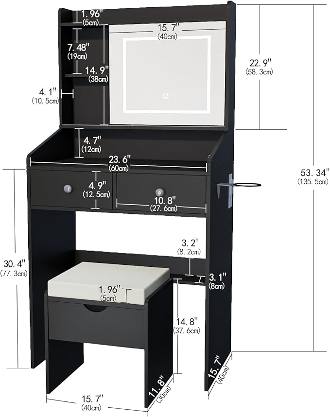 Vanity, Small Vanity Desk with Sliding Mirror, Dimmable LED Lights, 2 Drawers,Vanity Table Ideal for Bedroom (Black)