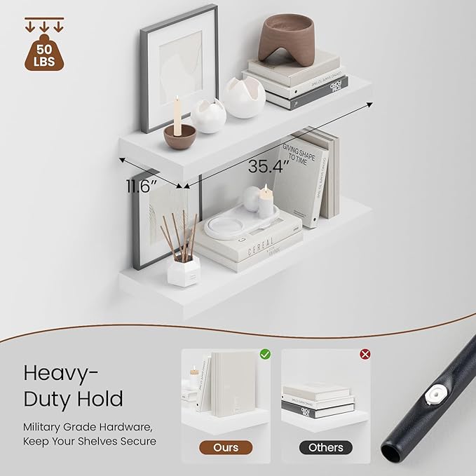 Heimlove 36 Inch Long Floating Shelf for Wall, 12" Deep White Floating Shelves Shelves for Bedroom Living Room Bedroom, Mounted Shelves for Storage Book Decor, Set of 2