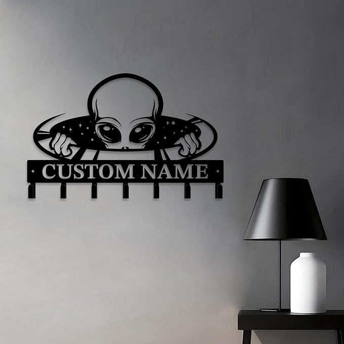 Personalized Custom Alien ET Metal Wall Keys Hooks,Clothes Hooks Alien ET Art Coat Racks,Door Holder,Black Alien ET Decorations for Home,Entrance Doors,Hallway, Bedroom,Keys,Hats (Style A)