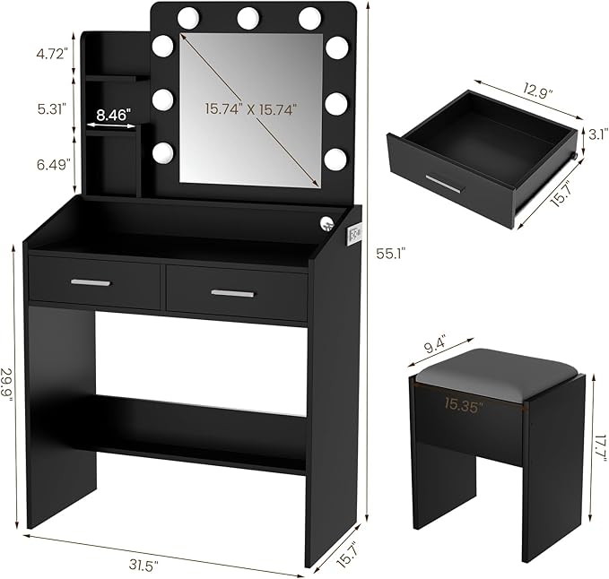 Vanity Desk with Mirror and Lights for Bedroom, Black Modern Makeup Table with 2 Drawers, 3 Light Modes & Dimmable LED, Includes Stool