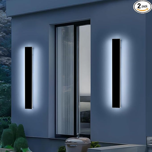2 Pack 23.6inch Long Outdoor Led Wall Lights, IP65 Waterproof Black Outside Porch Lights, 6000K Cold White, 24W, Modern Exterior Wall Sconces Lighting for Garage, Patio, House, Garden
