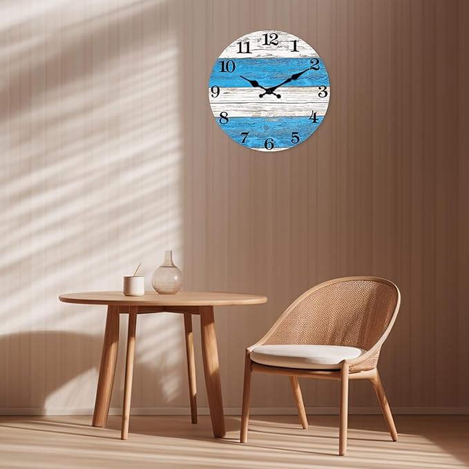 XNM 20 Inch Large Wall Clocks for Living Room Decor Blue and White Quiet Wall Clock Wood Rustic Battery Wall Clock Analog(No Solid Wood, It is with MDF Material)